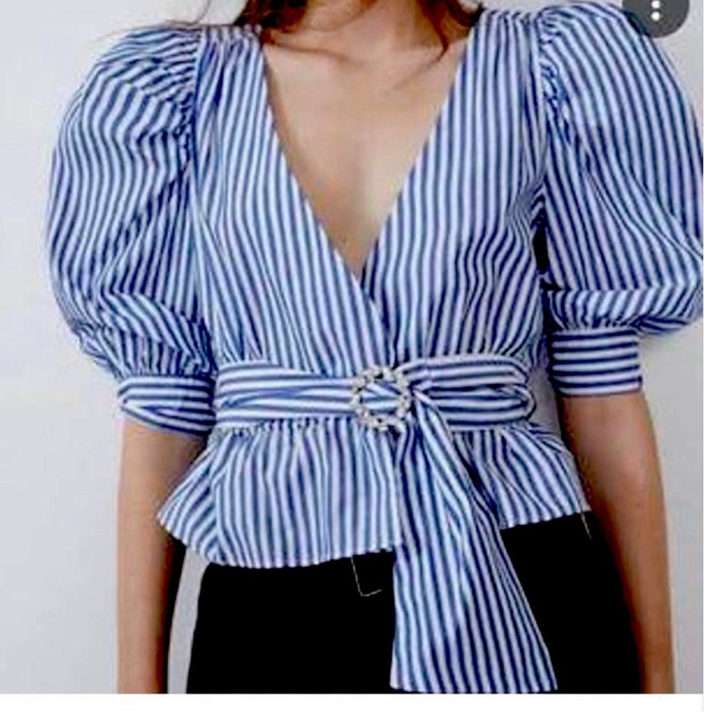 Zara striped belted blouse with balloon sleeves